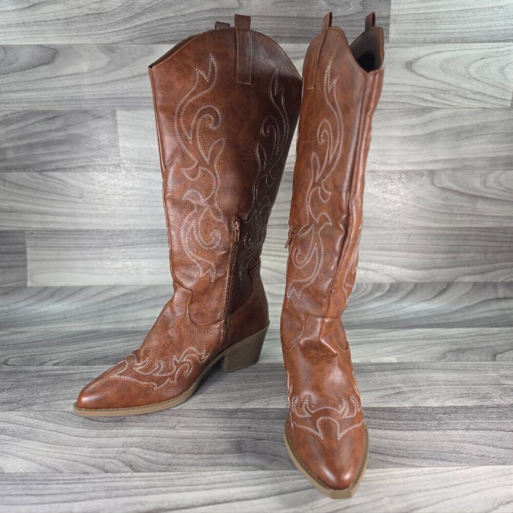 Womens Western Cowgirl Boots Cognac Brown Knee High Pointed Toe Size 40 9